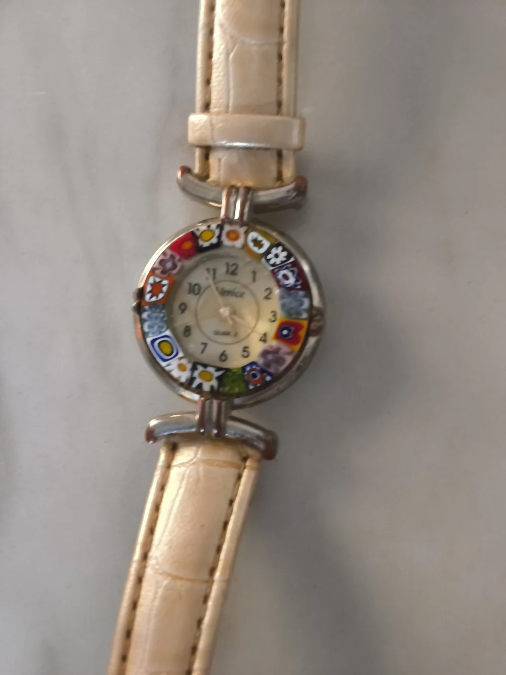 Venice Beige Leather-Strap Women's Watch with Colorful Floral Bezel